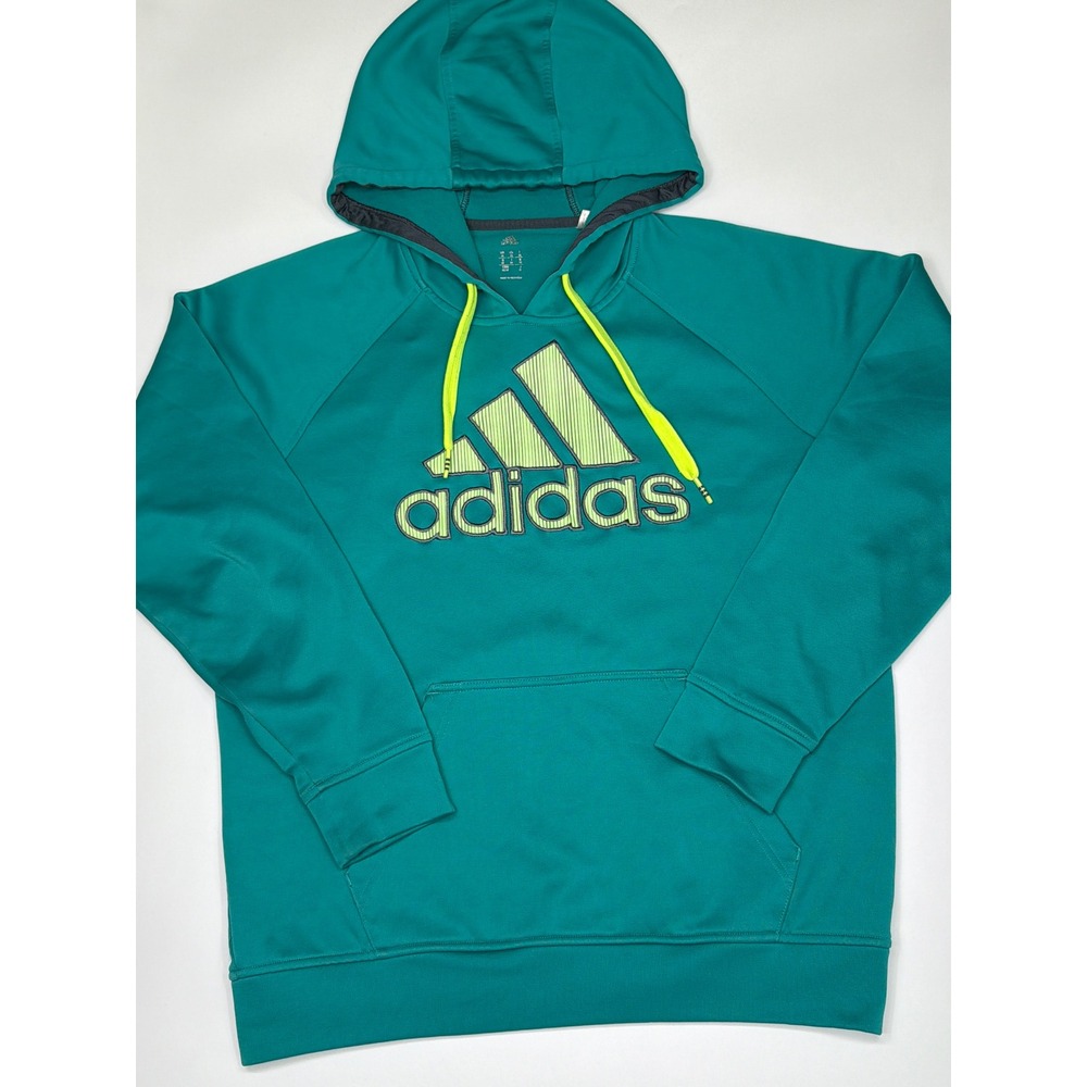 Adidas Teal Neon Green Logo Hoodie Men's Medium Athletic Pullover